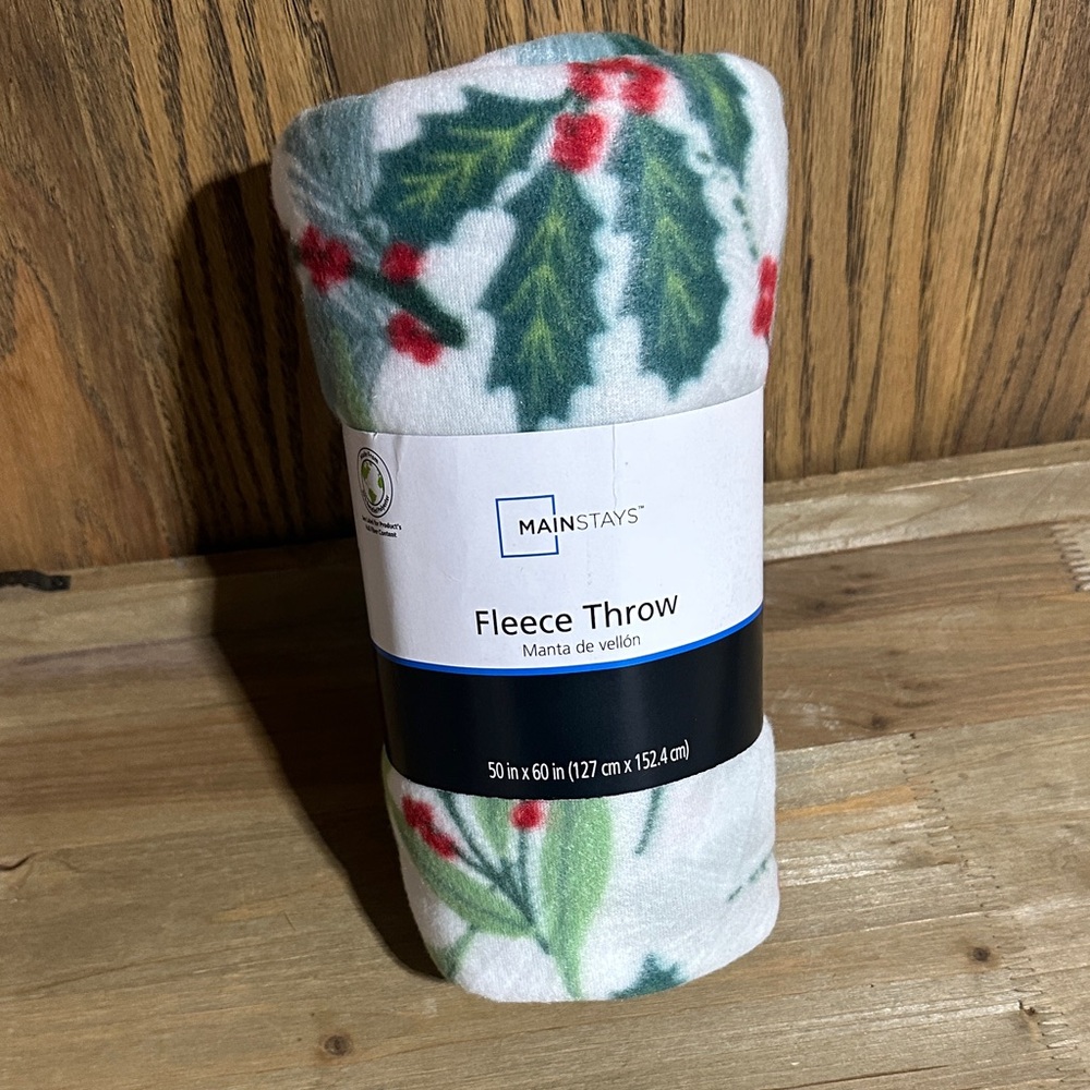 Mainstays Festive  Fleece Throw Blanket - White and Green with Red Accents